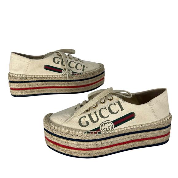 Gucci Cream Lace Up Canvas Logo Platform Espadrilles - Picture 3 of 16